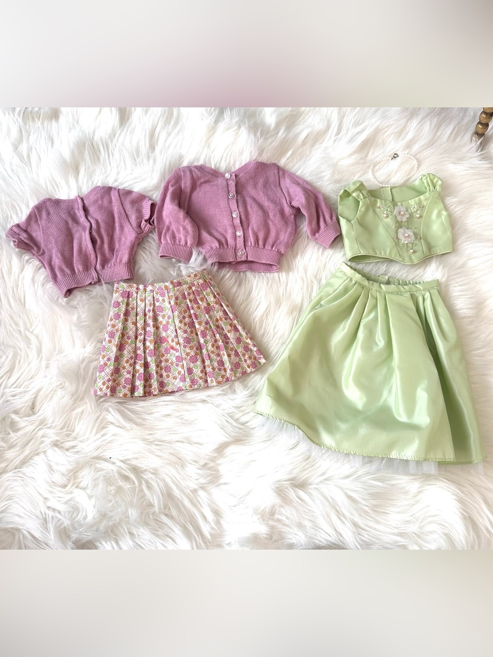 American Girl Doll Clothing Lot- Floral Skirt & Cardigan & Formal Green Dress